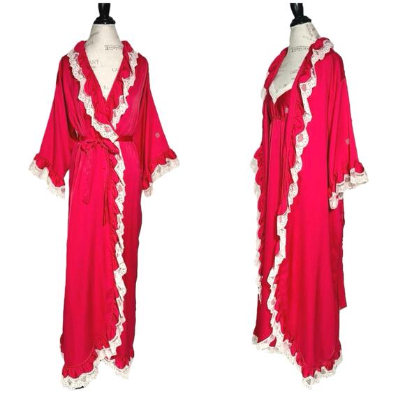 Givenchy Intimates | Women | Vtg 80s Red Satin Lace Slip Dress Robe Set | Small - Picture 2 of 16